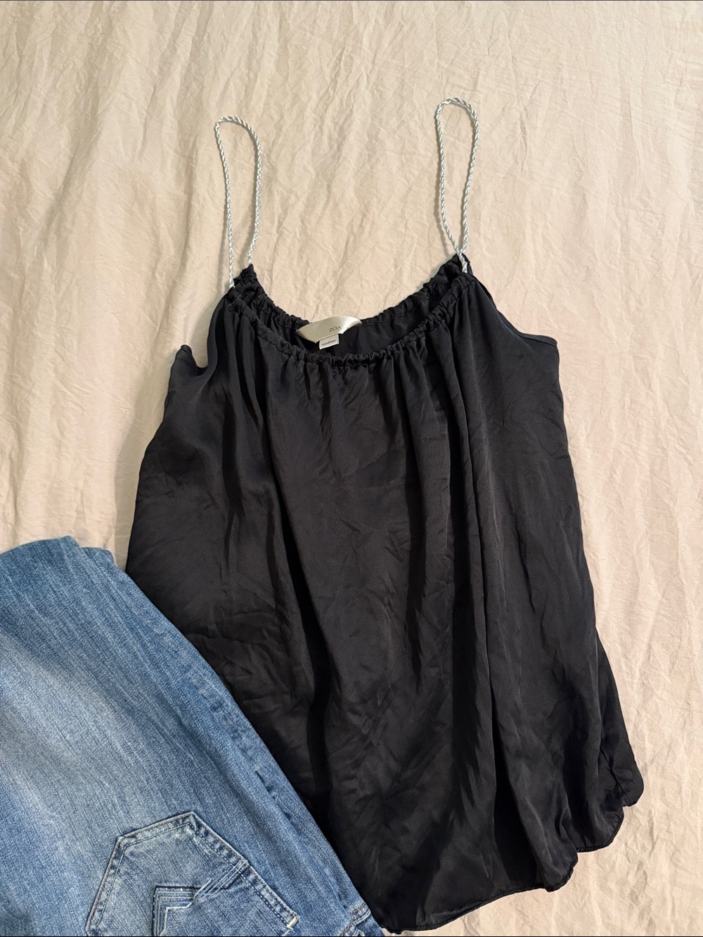 ZOA New York 100% Silk, Black Spaghetti Strap Cami Top